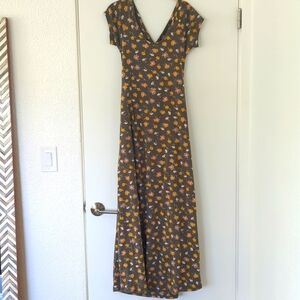 PACT fit and flare maxi dress floral green open back stretch organic cotton Med